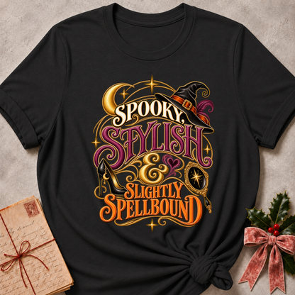 Dark Grey Heather Spooky, Stylish and Slightly Spellbound tee with a witch's hat, stiletto heel and gilded hand mirror