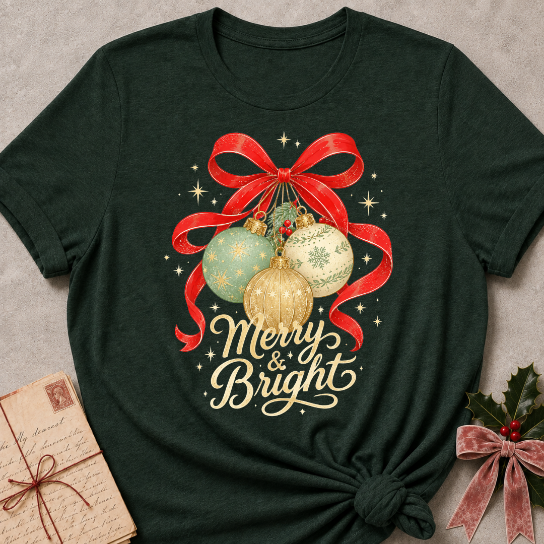 A dark forest green short-sleeve t-shirt with a festive Christmas graphic featuring a red ribbon, three ornaments (one gold, one light blue, one cream), and the words 'Merry & Bright' in cream script. The t-shirt is styled flat on a gray textured background with a vintage envelope and holly in the corners.