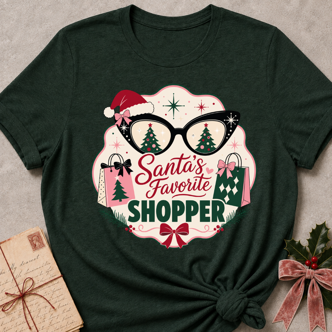 A dark forest green short-sleeve t-shirt with a festive Christmas graphic on the front. The graphic features the text 'Santa's Favorite SHOPPER' in red and green script, surrounded by a cloud outline with a Santa hat, black cat-eye glasses with Christmas trees in the lenses, shopping bags, and bows.