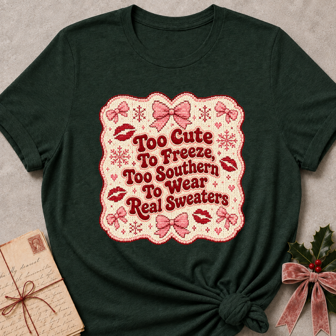 A dark forest green t-shirt with a festive Christmas-themed graphic print. The graphic features a scalloped pink border with red text reading 'Too Cute To Freeze, Too Southern To Wear Real Sweaters' surrounded by pink bows, snowflakes, and red lips.