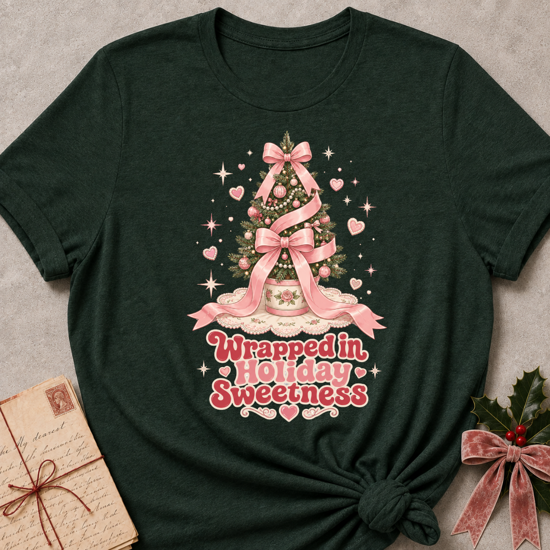 A dark forest green short-sleeve t-shirt with a pink Christmas tree graphic and the text 'Wrapped in Holiday Sweetness' on the front, styled flat-lay on a gray textured background with a vintage envelope and holly.