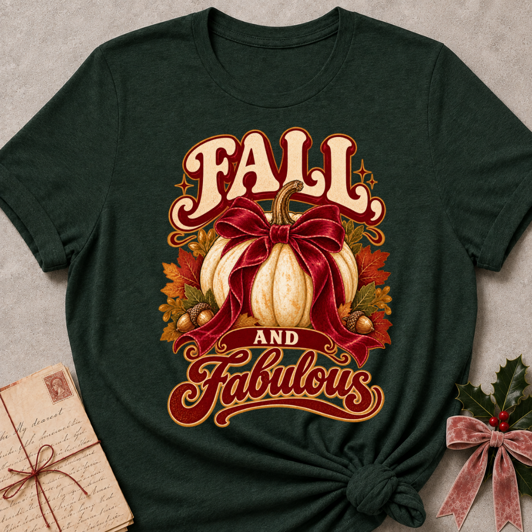 Forest Green relaxed fit tee with a white pumpkin, burgundy bow, golden acorns and Fall and Fabulous lettering