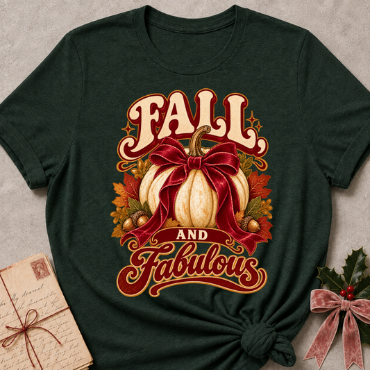 Forest Green relaxed fit tee with a white pumpkin, burgundy bow, golden acorns and Fall and Fabulous lettering