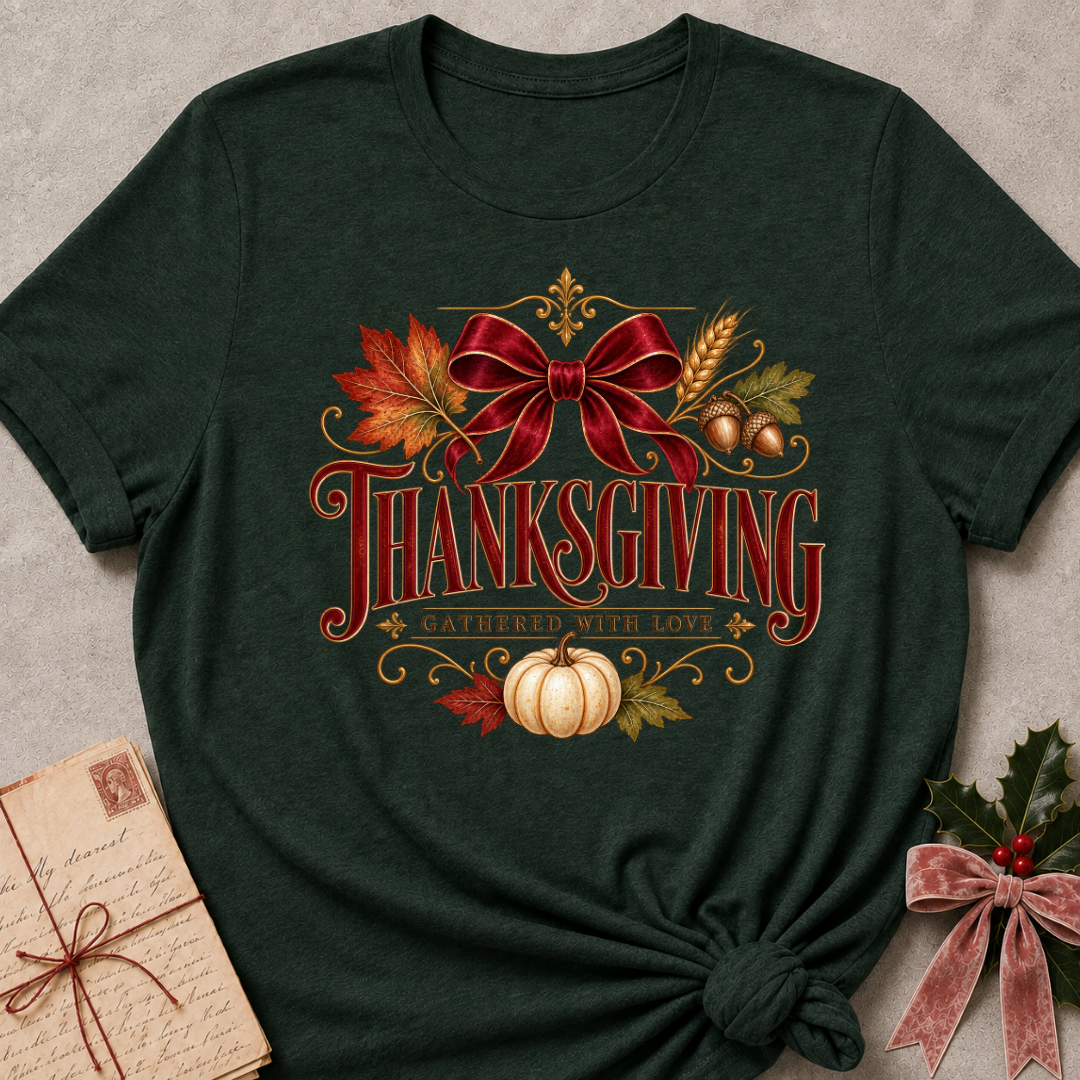 Forest Green Thanksgiving Gathered With Love tee with a vintage red bow, autumn leaves and a white pumpkin