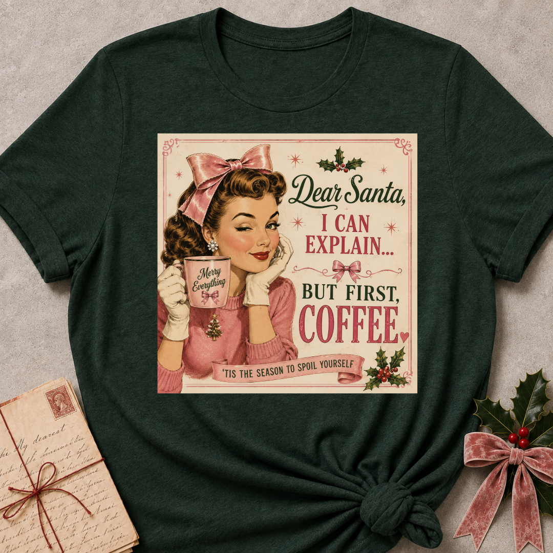 Forest green relaxed fit tee with a winking retro pinup and Dear Santa I Can Explain But First Coffee lettering