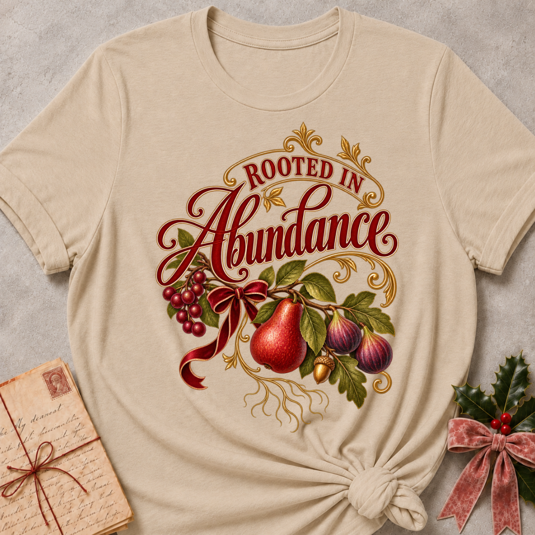 Forest Green relaxed fit tee with Rooted in Abundance script, pears, figs, grapes and an acorn on golden roots with a deep red bow