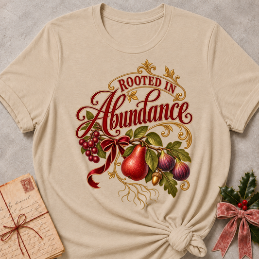 Forest Green relaxed fit tee with Rooted in Abundance script, pears, figs, grapes and an acorn on golden roots with a deep red bow