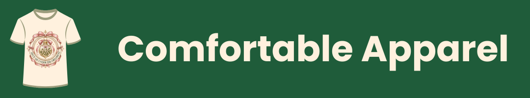 A green banner with a small white t-shirt graphic on the left and the text 'Comfortable Apparel' in large white letters.