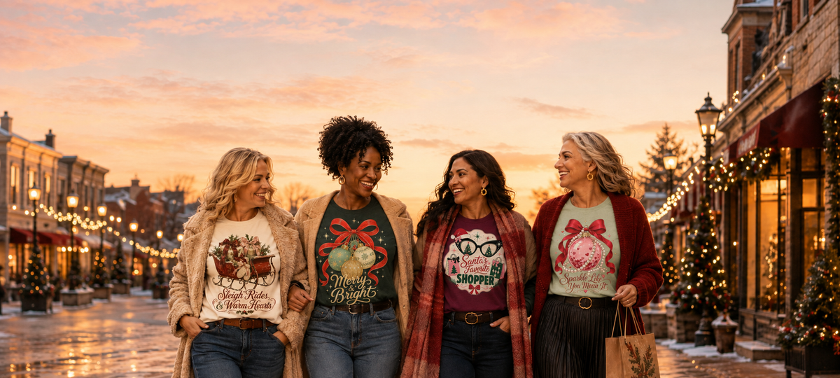 Four women walking together down a decorated holiday street at sunset, each wearing a different Christmas-themed graphic T-shirt. The shirts feature festive designs including a reindeer, a green sweater with a red bow, glasses, and a pink ornament, with warm streetlights and storefronts visible in the background.
