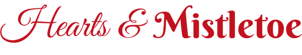 The words 'Hearts & Mistletoe' in red cursive script on a solid black background.