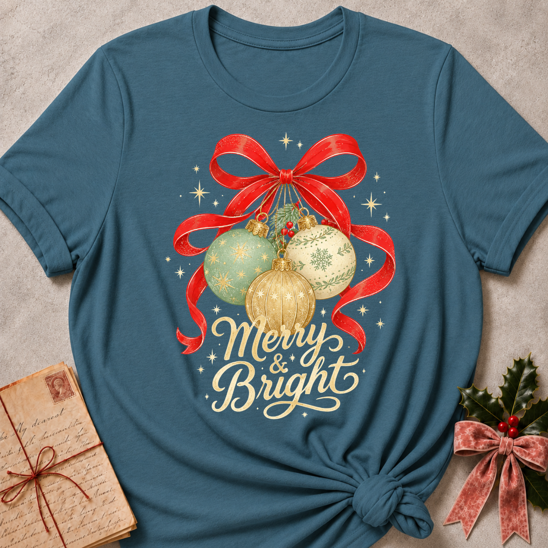 A teal blue short-sleeve t-shirt with a 'Merry & Bright' Christmas graphic, styled in a flat-lay with a vintage letter and holly on a textured gray background.