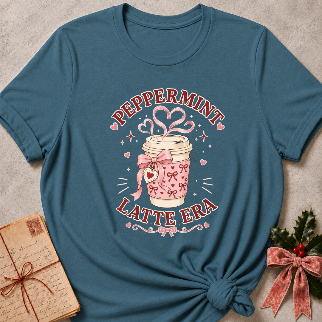 A teal blue graphic t-shirt featuring a pink and white coffee cup design with the text 'PEPPERMINT LATTE ERA'. The t-shirt is styled in a flat-lay arrangement on a textured gray background, accompanied by a vintage-style notebook and a small holly sprig with a pink ribbon.