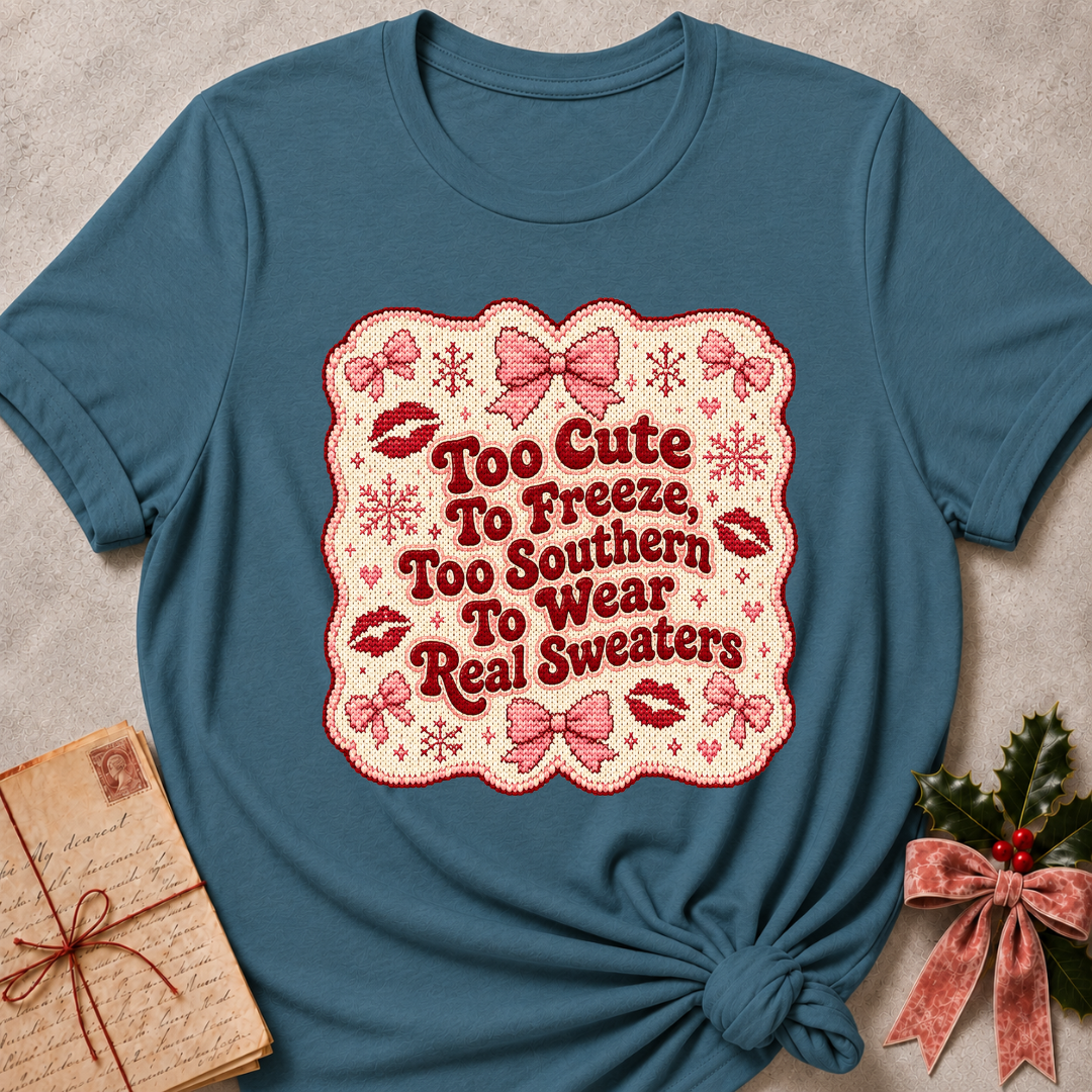 A teal blue graphic t-shirt with a pink and red embroidered-style design that reads 'Too Cute To Freeze, Too Southern To Wear Real Sweaters' surrounded by bows, lip prints, and snowflakes. The t-shirt is styled flat on a textured gray background with a vintage notebook and a small holly sprig.