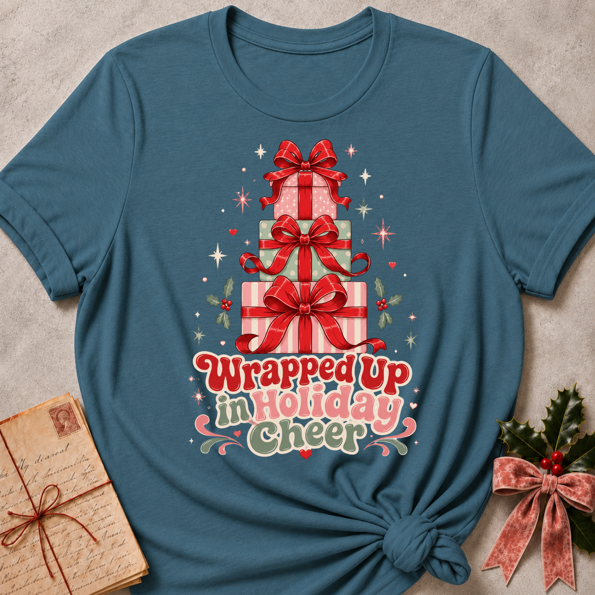 A teal short-sleeve t-shirt with a Christmas graphic of stacked presents and the text 'Wrapped Up in Holiday Cheer'. The shirt is styled in a flat-lay with a vintage notebook on the left and holly with a pink ribbon on the right, set against a textured gray background.