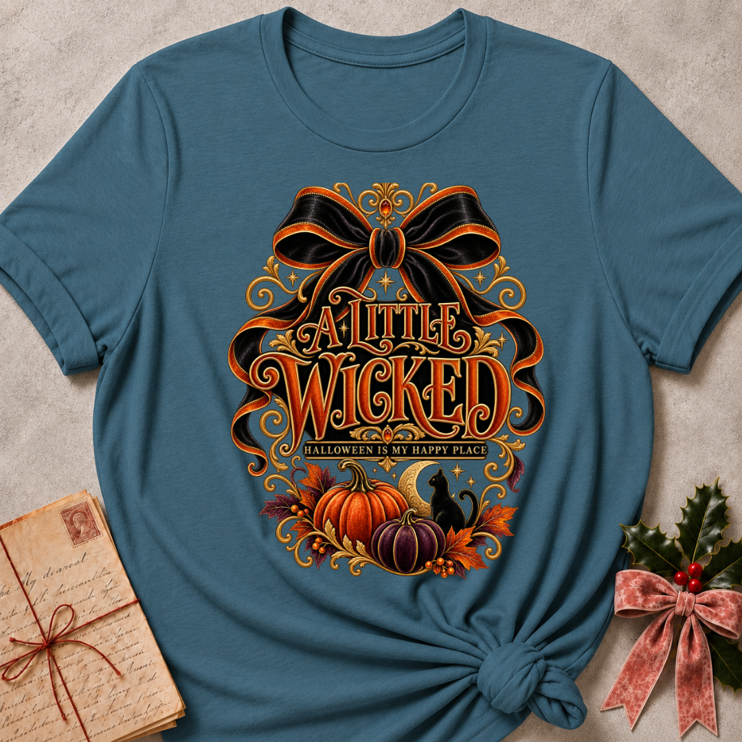 Heather Deep Teal A Little Wicked tee with an oversized black bow, harvest pumpkins and a black cat under a crescent moon