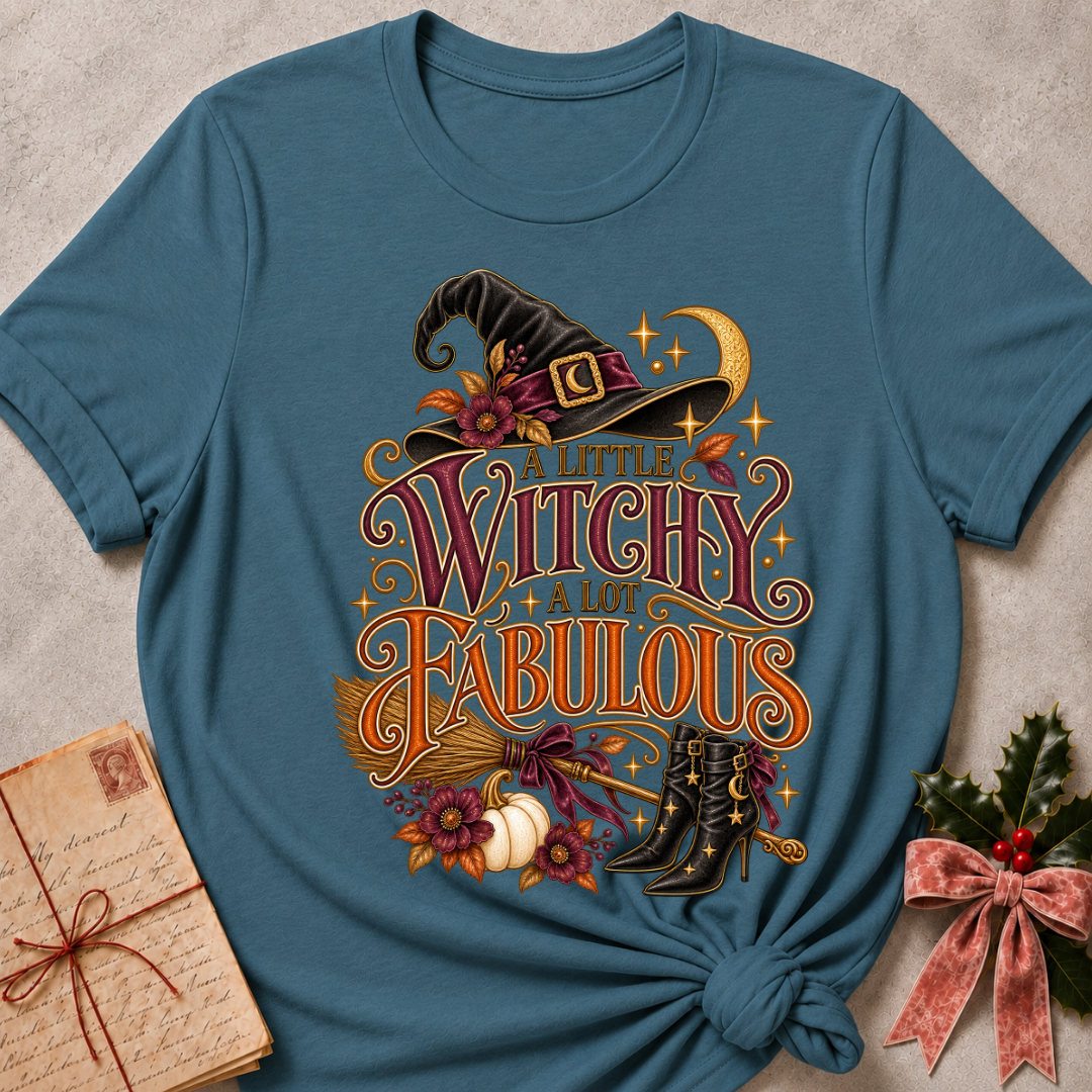 Heather Deep Teal A Little Witchy, A Lot Fabulous tee with a flower trimmed witch's hat, ribbon tied broom and starry boots