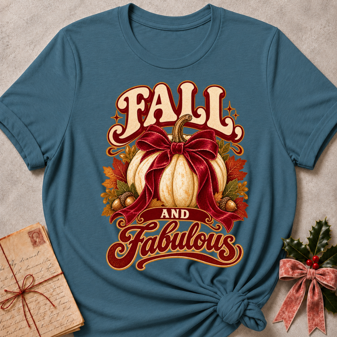 Heather Deep Teal relaxed fit tee with a white pumpkin, burgundy bow, golden acorns and Fall and Fabulous lettering