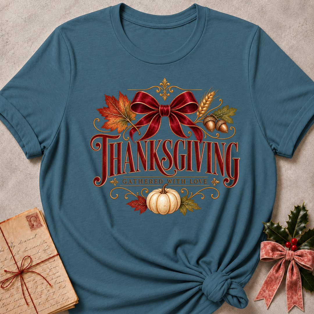 Heather Deep Teal Thanksgiving Gathered With Love tee with a vintage red bow, autumn leaves and a white pumpkin