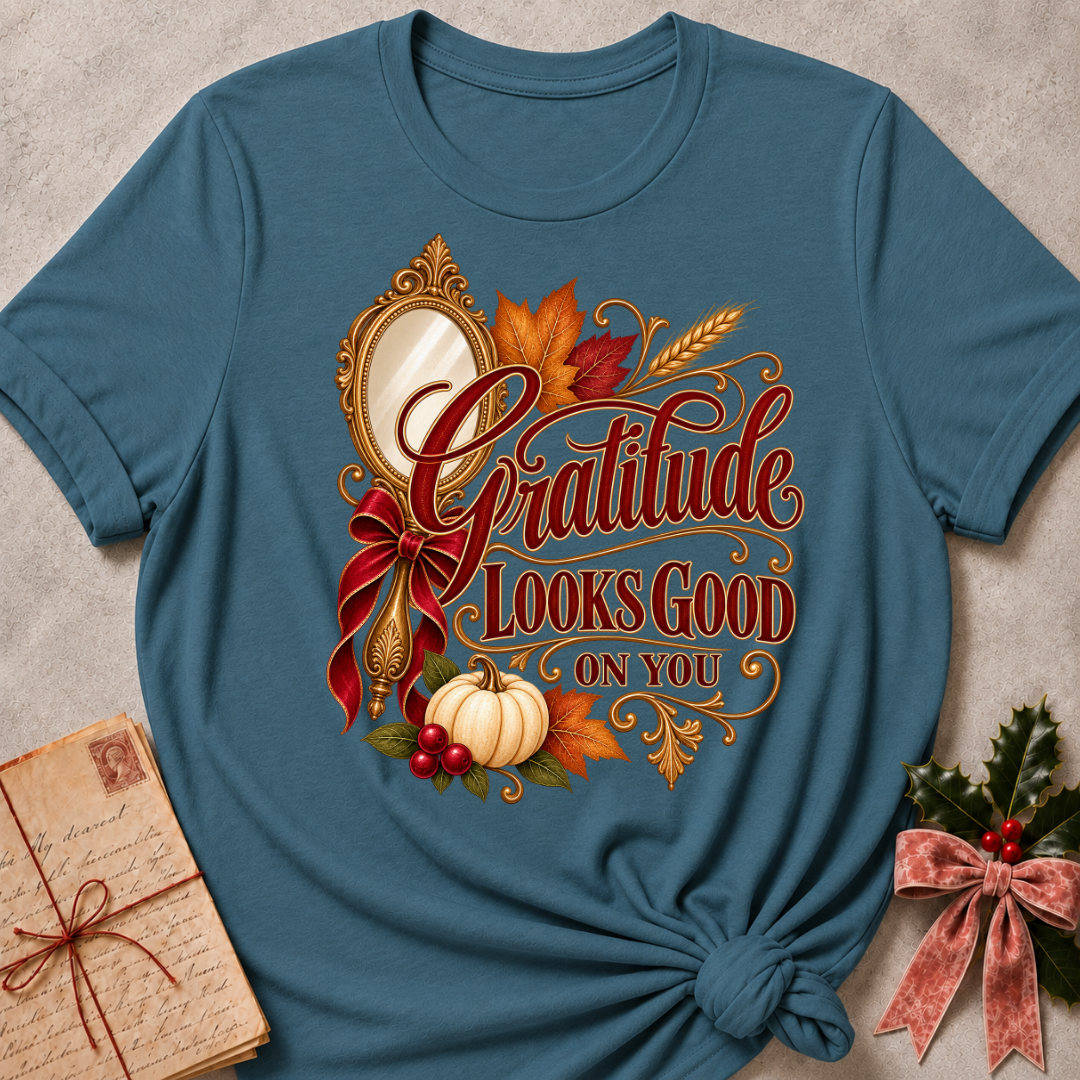Heather Deep Teal Gratitude Looks Good On You tee with a gilded vintage mirror, red bow and autumn harvest details