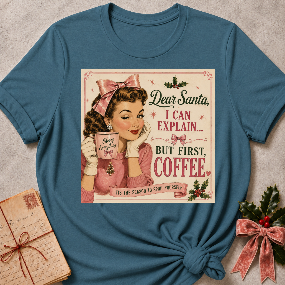 Heather deep teal relaxed fit tee with a winking retro pinup and Dear Santa I Can Explain But First Coffee lettering