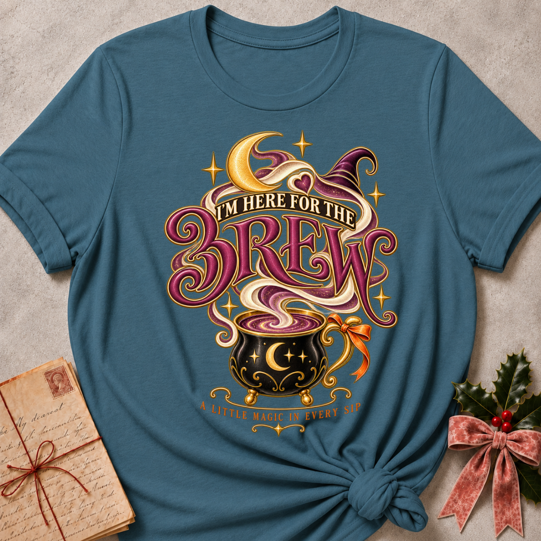 Heather Deep Teal I'm Here For The Brew tee with a moonlit cauldron mug, crescent moon and witch's hat in plum and gold