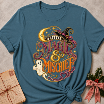 Heather Deep Teal A Little Magic & Mischief tee with a smiling ghost, sleepy crescent moon and witch's hat in gold and plum