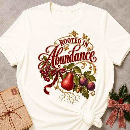 Heather Deep Teal relaxed fit tee with Rooted in Abundance script, pears, figs, grapes and an acorn on golden roots with a deep red bow