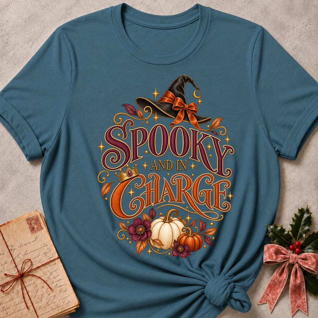 Heather Deep Teal Spooky and In Charge tee with a bow tied witch's hat, gold crown, white pumpkins and plum blooms