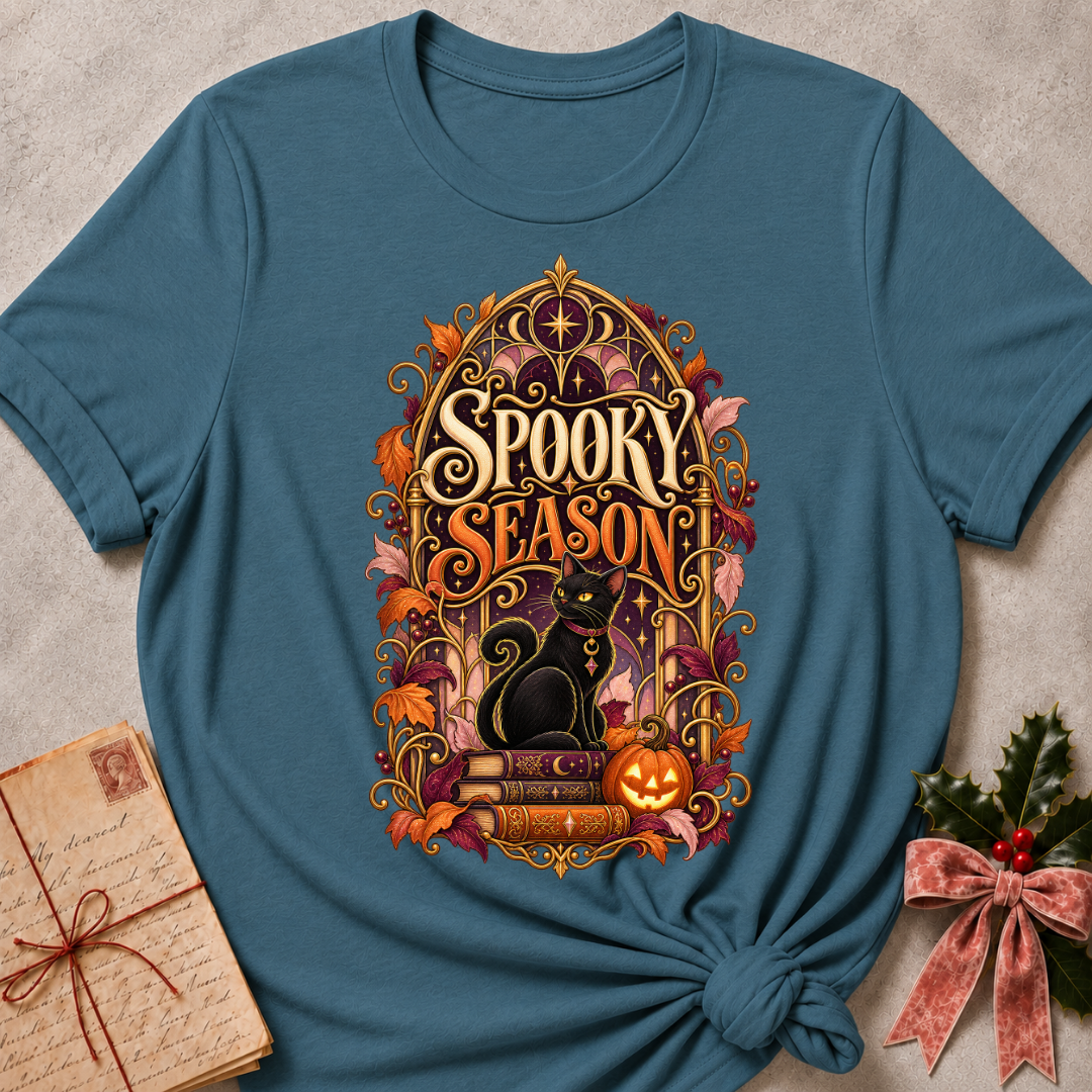 Heather Deep Teal Spooky Season tee with a black cat on spellbooks beside a glowing jack-o'-lantern under a golden Gothic arch