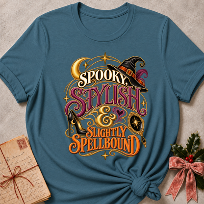 Heather Deep Teal Spooky, Stylish and Slightly Spellbound tee with a witch's hat, stiletto heel and gilded hand mirror