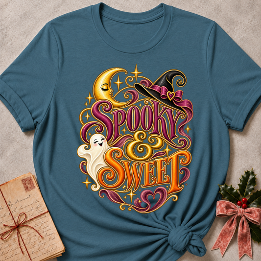 Heather Deep Teal Spooky and Sweet tee with a smiling ghost, a sleepy golden moon and a witch's hat with a heart bow