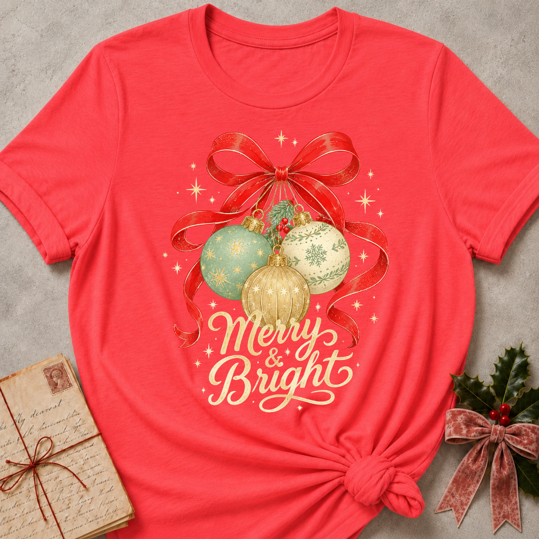 A coral red short-sleeve T-shirt laid flat on a gray textured surface, styled with a knotted hem and holiday graphic. The front print shows three ornaments in teal, gold, and cream beneath a large red bow, with the words “Merry & Bright” in cream script.