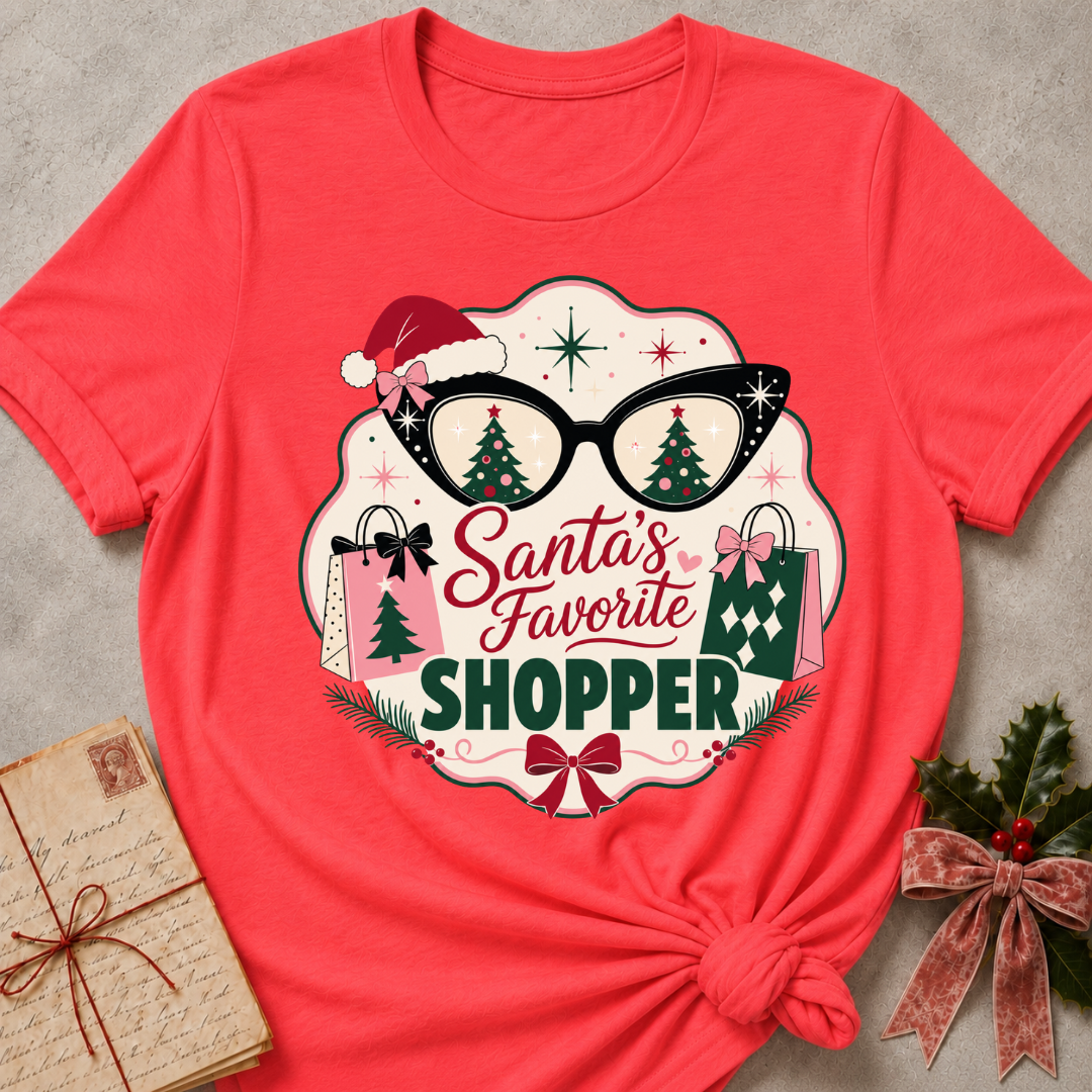 A coral red short-sleeve t-shirt with a knotted hem, featuring a festive graphic that reads 'Santa's Favorite SHOPPER' with glasses, gift bags, Christmas trees, and a Santa hat. The shirt is displayed flat on a textured gray background with a vintage letter and holly as props.
