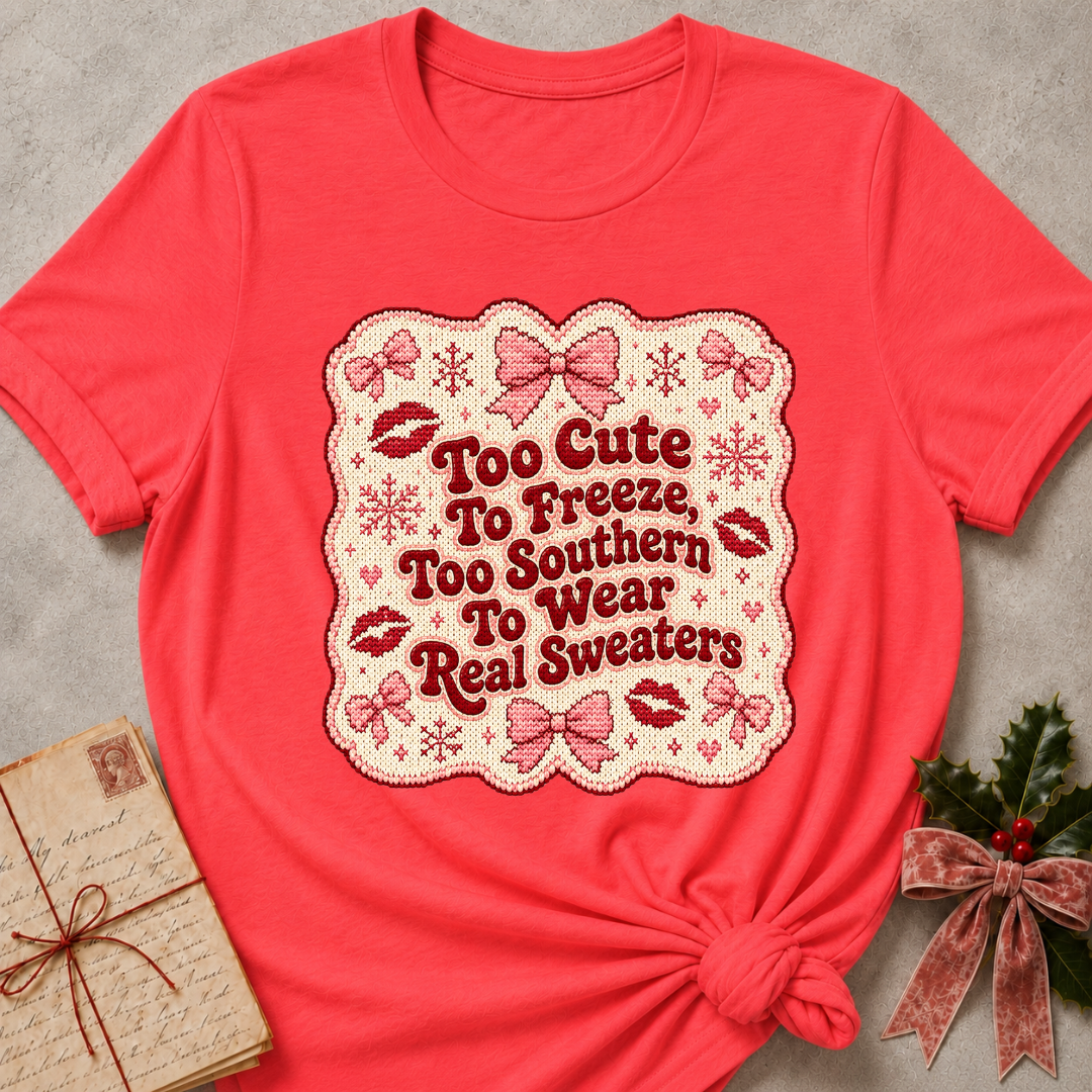 A coral red short-sleeve t-shirt with a knotted hem, featuring a decorative graphic on the front with the text 'Too Cute To Freeze, Too Southern To Wear Real Sweaters' surrounded by pink bows, snowflakes, and lip prints. The shirt is displayed flat on a textured gray background with a vintage letter and a holly sprig as props.
