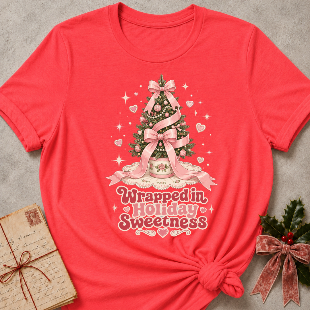 A coral red short-sleeve t-shirt with a 'Wrapped in Holiday Sweetness' Christmas tree graphic, styled in a flat-lay with a vintage letter and holly on a gray textured background.