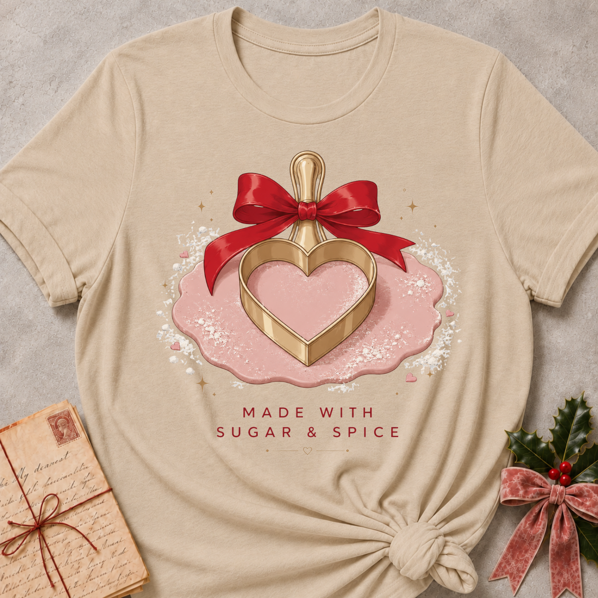 A beige graphic T-shirt laid flat on a light gray textured surface, styled with a vintage letter, a wrapped gift, and holly with a pink ribbon. The shirt features a central illustration of a gold heart-shaped pastry under a red bow on a pink icing-like shape, with the text 'MADE WITH SUGAR & SPICE' below.