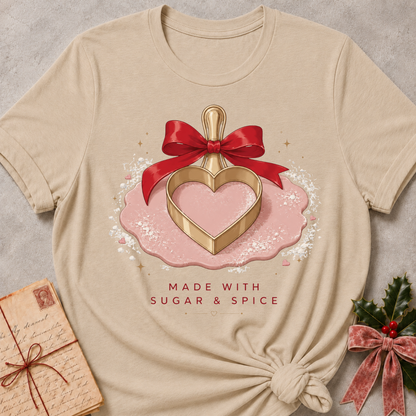 A beige graphic T-shirt laid flat on a light gray textured surface, styled with a vintage letter, a wrapped gift, and holly with a pink ribbon. The shirt features a central illustration of a gold heart-shaped pastry under a red bow on a pink icing-like shape, with the text 'MADE WITH SUGAR & SPICE' below.