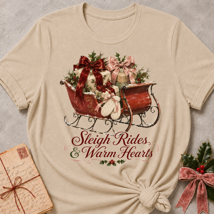 A beige short-sleeve t-shirt with a Christmas-themed graphic of a red sleigh filled with gifts and greenery, with the text 'Sleigh Rides & Warm Hearts' printed below. The shirt is styled flat on a textured gray background with a vintage book and holly ribbon props.