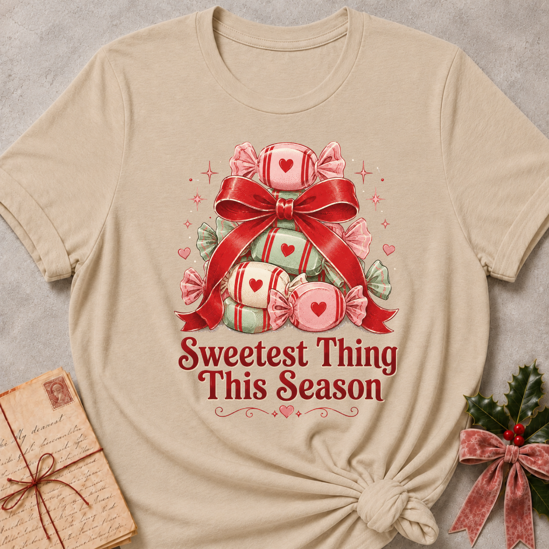 A beige short-sleeve t-shirt with a Christmas-themed graphic of wrapped candies under a red bow and the text 'Sweetest Thing This Season'. The t-shirt is styled flat on a gray textured background with a vintage letter and holly in the corners.