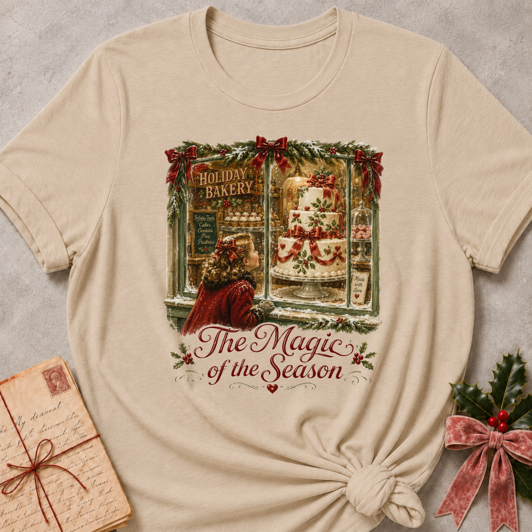 A beige short-sleeve t-shirt with a festive Christmas graphic print, styled in a flat-lay with a vintage letter, a wrapped gift, and holly on a gray textured background.