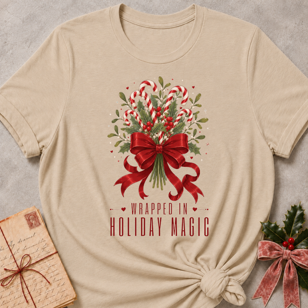 A beige short-sleeve t-shirt with a Christmas graphic print featuring candy canes, holly, a red bow, and the text 'WRAPPED IN HOLIDAY MAGIC'. The shirt is styled flat on a gray textured background with a vintage letter and a green holly sprig as props.