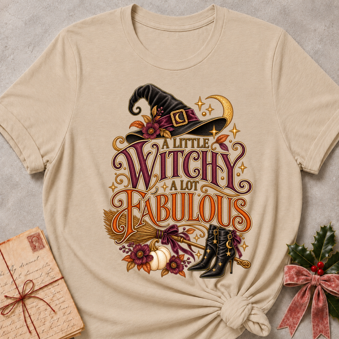 Heather Stone A Little Witchy, A Lot Fabulous tee with a flower trimmed witch's hat, ribbon tied broom and starry boots