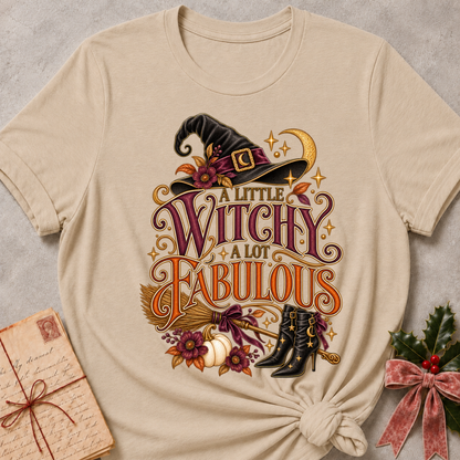 Heather Stone A Little Witchy, A Lot Fabulous tee with a flower trimmed witch's hat, ribbon tied broom and starry boots