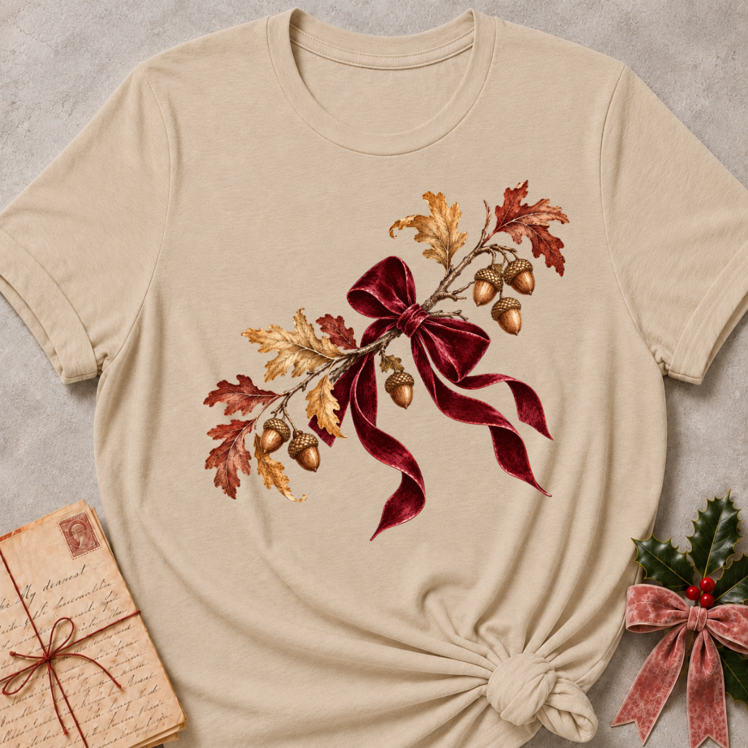 Heather Stone relaxed fit tee with a cluster of acorns, oak leaves and a soft plaid bow