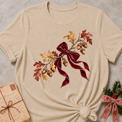 Heather Stone relaxed fit tee with a cluster of acorns, oak leaves and a soft plaid bow