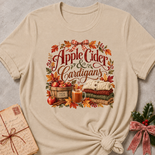 Heather Stone relaxed fit tee with Apple Cider and Cardigans lettering, a cider mug, a basket of red apples, stacked sweaters and a gingham bow