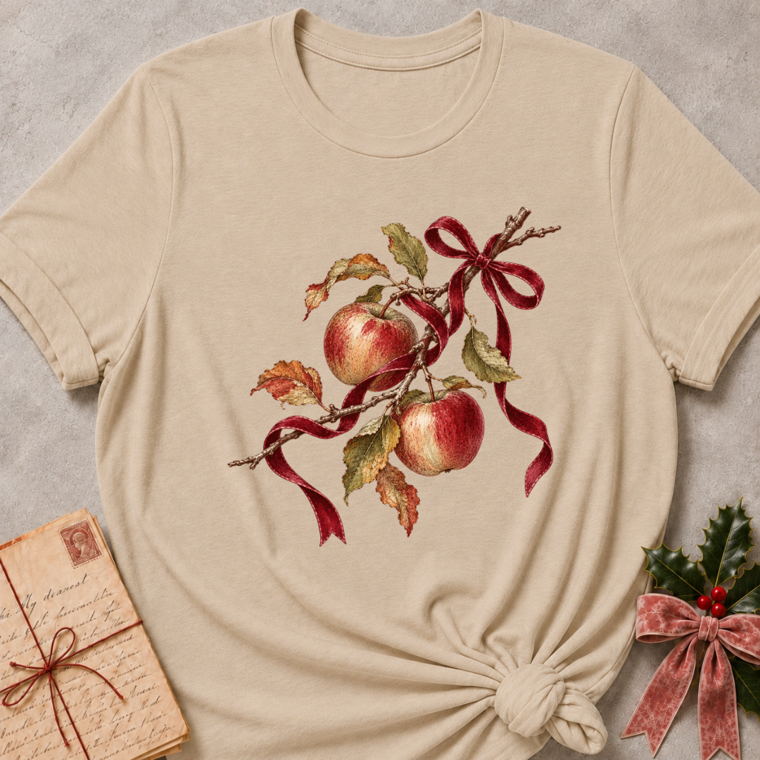 Heather Stone relaxed fit tee with red apples, autumn leaves and a gingham bow