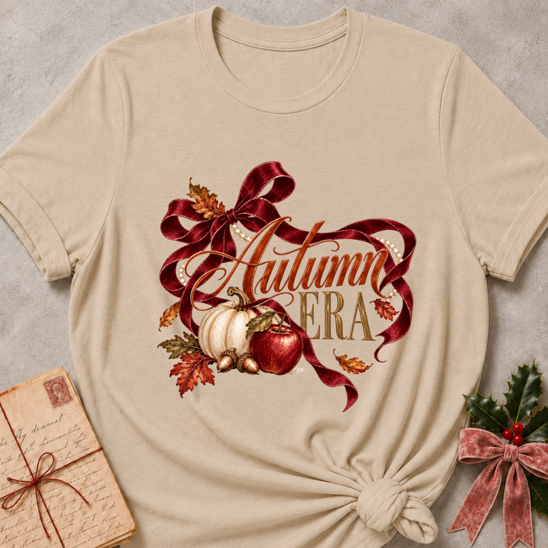 Heather stone women's relaxed tee with Autumn Era script framed by a burgundy ribbon, pearls, a cream pumpkin, a red apple, and fall leaves