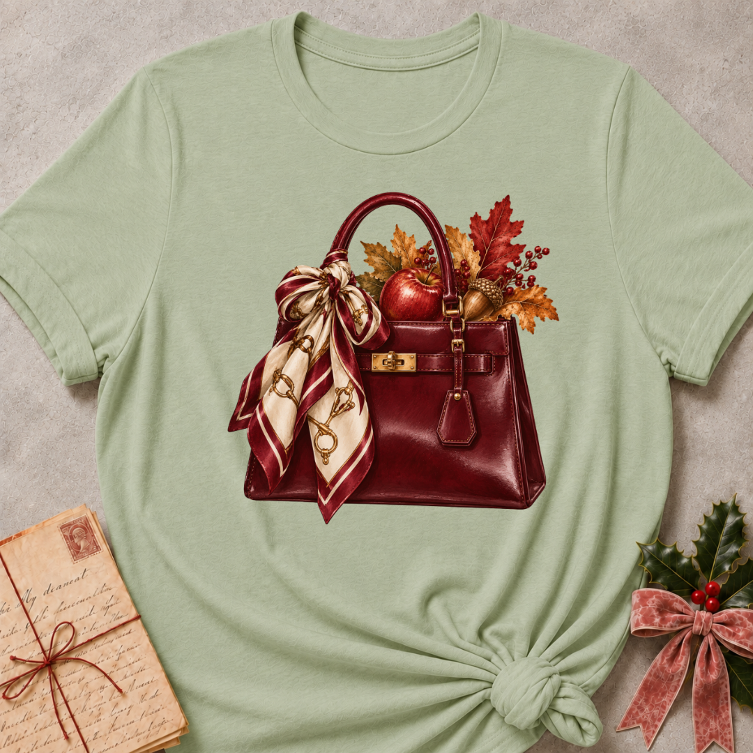 Heather Stone relaxed fit tee with a burgundy handbag, silk scarf and autumn leaves