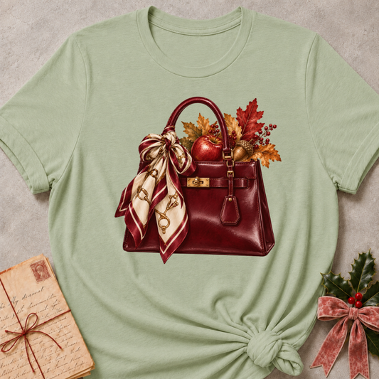 Heather Stone relaxed fit tee with a burgundy handbag, silk scarf and autumn leaves